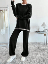 Load image into Gallery viewer, Side Slit Contrast Trim Round Neck Top and Pants Sweater Set