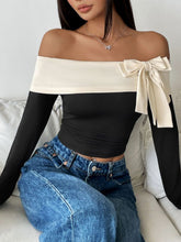 Load image into Gallery viewer, Perfee Bow Contrast Off-Shoulder Long Sleeve Top