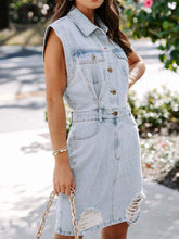 Load image into Gallery viewer, Distressed Half Button Sleeveless Denim Dress