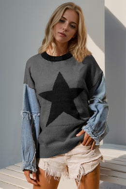 Double Take Full Size Star Pattern Raw Edge Denim Sleeve Sweater