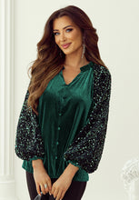 Load image into Gallery viewer, Sequin Notched Long Sleeve Blouse