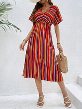 Load image into Gallery viewer, Slit Striped V-Neck Short Sleeve Midi Dress