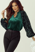 Load image into Gallery viewer, Sequin Notched Long Sleeve Blouse