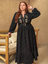 Load image into Gallery viewer, Plus Size Embroidered Polka Dot Notched Long Sleeve Dress