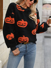 Load image into Gallery viewer, Fuzzy Pumpkin Round Neck Dropped Shoulder Sweater