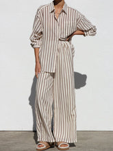 Load image into Gallery viewer, Striped Collared Neck Long Sleeve Top and Pants Set