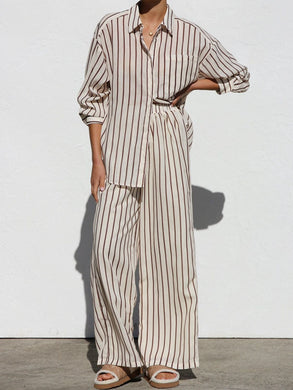 Striped Collared Neck Long Sleeve Top and Pants Set