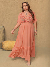 Load image into Gallery viewer, Plus Size Frill Embroidered V-Neck Half Sleeve Maxi Dress