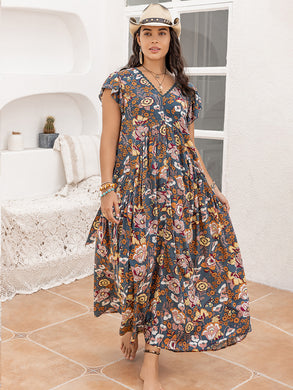 Plus Size Ruffled Printed Cap Sleeve Dress