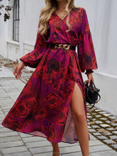 Load image into Gallery viewer, Split Printed Surplice Long Sleeve Midi Dress