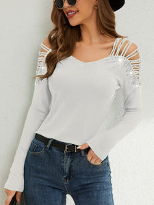 Rhinestone Cutout Long Sleeve T-Shirt