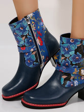 Load image into Gallery viewer, PU Leather Flower Block Heel Boots