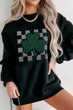 Load image into Gallery viewer, Rhinestone Checkered Lucky Clover Round Neck Sweatshirt