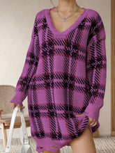 Load image into Gallery viewer, Distressed Plaid V-Neck Long Sleeve Sweater Dress