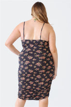 Load image into Gallery viewer, Blue Leopard Plus Size Ruched Floral Square Neck Cami Dress