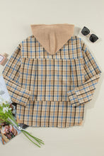 Load image into Gallery viewer, Drawstring Waffle Knit Patchwork Hooded Plaid Shacket