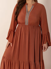 Load image into Gallery viewer, Plus Size Ruffled Notched Long Sleeve Midi Dress