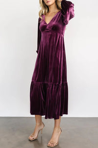 V-Neck Long Sleeve Midi Velvet Dress