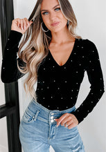 Load image into Gallery viewer, Pearl Detail Velvet V-Neck Long Sleeve Bodysuit