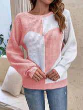 Load image into Gallery viewer, Contrast Heart Round Neck Long Sleeve Sweater