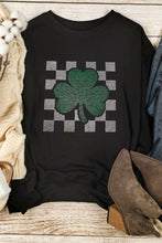 Load image into Gallery viewer, Rhinestone Checkered Lucky Clover Round Neck Sweatshirt