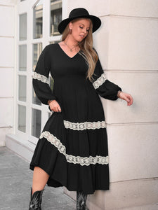 Plus Size Minka Lace Detail V-Neck Long Sleeve Midi Dress