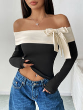 Load image into Gallery viewer, Perfee Bow Contrast Off-Shoulder Long Sleeve Top