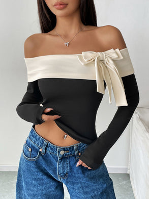 Perfee Bow Contrast Off-Shoulder Long Sleeve Top