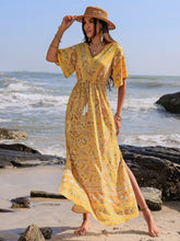 Load image into Gallery viewer, Drawstring Printed Plunge Half Sleeve Dress