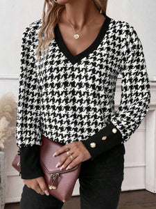 Houndstooth V-Neck Long Sleeve T-Shirt