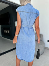 Load image into Gallery viewer, Collared Neck Cap Sleeve Denim Dress