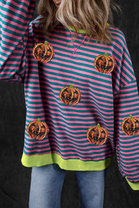 Pumpkin Striped Round Neck Long Sleeve Sweatshirt