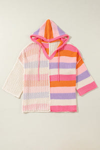 Openwork Color Block Hooded Sweater