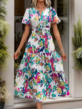 Load image into Gallery viewer, Printed Notched Short Sleeve Midi Dress