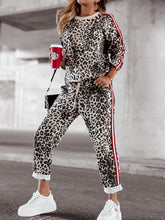 Load image into Gallery viewer, Leopard Round Neck Long Sleeve Top and Pants Set