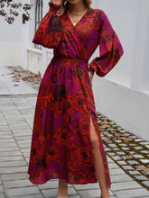 Load image into Gallery viewer, Split Printed Surplice Long Sleeve Midi Dress