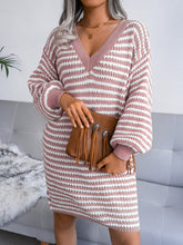 Load image into Gallery viewer, Striped V-Neck Long Sleeve Mini Sweater Dress