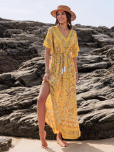 Load image into Gallery viewer, Drawstring Printed Plunge Half Sleeve Dress