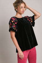 Load image into Gallery viewer, Umgee Full Size Velvet Embroidery Short Sleeve Blouse