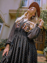 Load image into Gallery viewer, Embroidered Polka Dot Tie Neck Long Sleeve Midi Dress