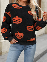 Load image into Gallery viewer, Fuzzy Pumpkin Round Neck Dropped Shoulder Sweater