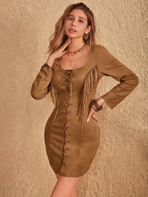 Fringe Lace Up Square Neck Long Sleeve Mini Dress