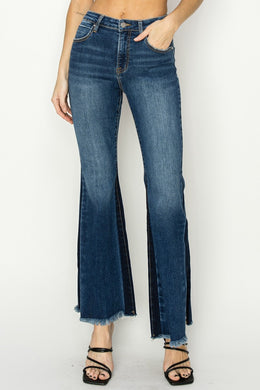 RISEN Full Size High Rise Side Shadow Seam Detail Slit Flare Jeans
