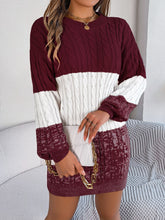 Load image into Gallery viewer, Cable-Knit Round Neck Color Block Sweater Dress