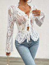 Load image into Gallery viewer, Lace Tied Ruffled V-Neck Long Sleeve Top