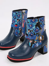 Load image into Gallery viewer, PU Leather Flower Block Heel Boots