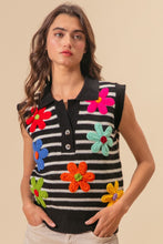 Load image into Gallery viewer, BiBi Flower Patch Striped Half Button Sweater Vest