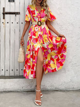 Load image into Gallery viewer, Printed V-Neck Flutter Sleeve Midi Dress