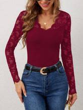 Load image into Gallery viewer, Lace Wavy Hem V-Neck Long Sleeve Top