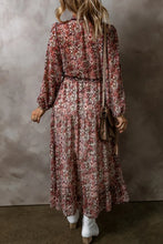 Load image into Gallery viewer, Frill Printed V-Neck Long Sleeve Midi Dress